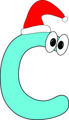 Bright new year's children's font. Christmas. Holiday atmosphere. English Latin alphabet. A sign with eyes and emotions. Fun bright kids blue letter C. Christmas red cap Santa