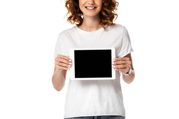 cropped view of cheerful woman holding digital tablet with blank screen isolated on white