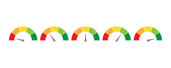 Mood indicator level. Rating scale. Speedometer measure in colorful flat design. Evaluation of service from bad to excellent level. Isolated set of satisfaction diagram. Vector EPS 10.