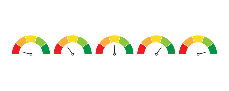 Mood indicator level. Rating scale. Speedometer measure in colorful flat design. Evaluation of service from bad to excellent level. Isolated set of satisfaction diagram. Vector EPS 10.