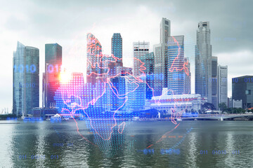 World planet Earth map hologram over panorama city view of Singapore, Asia. The concept of...