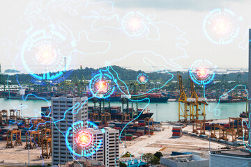 World planet Earth map hologram over panorama city view of Singapore, Asia. The concept of international connections and business. Multi Exposure.