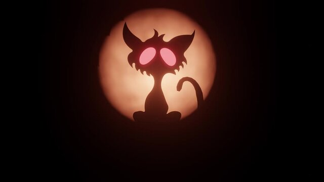 Halloween creepy cartoony cat with spooky glowing red eyes wagging its tail, sitting in front of full moon.  Seamless loop. 