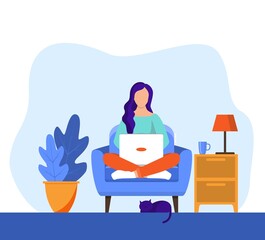 girl with laptop sitting on the chair. Freelance or studying concept. web page design template for online education, training and courses, learning, video tutorials. Vector illustration in flat style