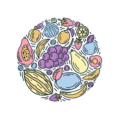 Vector fruits in round composition. A bright illustration of healthy fresh food. Isolated design elements. Ideal for poster, banner, packaging, and home decor. 