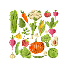 Vector vegetables on the light background. A bright illustration of healthy fresh food. Isolated design elements. 