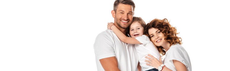 panoramic crop of cheerful woman and kid hugging man isolated on white