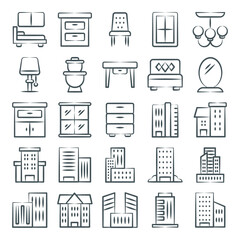 
City Buildings Decorative Interiors Icons in Modern Linear Style Pack 
