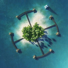Summer paradise tropical island with palm trees, bungalows in the form of circle. View from above. Luxury life concept. Traveling holiday background. 3d rendering illustration