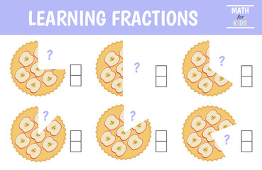 A math fractions worksheet.  Learning  fractions. Pie. Vector illustration