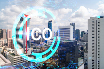 ICO icon hologram over panorama city view of Bangkok, the hub of blockchain projects in Asia. The...