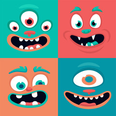 Square faces of monsters. Collection of funny emotions of charming creatures. Design elements for packaging or decoration.