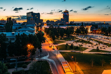 Fototapeta na wymiar Night Voronezh skyline. Aerial view of Soviet square