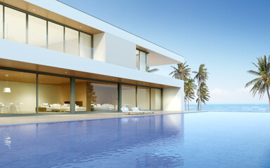 Perspective of modern house with swimming pool on sea background, Exterior. 3d rendering	
