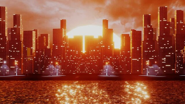 Futuristic city with skyscrapers near the water. 3D render animation. Retro city landscape urban skyline cityscape concept for video games, VJ and DJ
