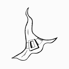 Fototapeta premium Pointed wizard hat for postcard logo icon. Magic headdress hand drawn sketch. Decor element for halloween eve of all saints day. Stock vector illustration isolated on white background.