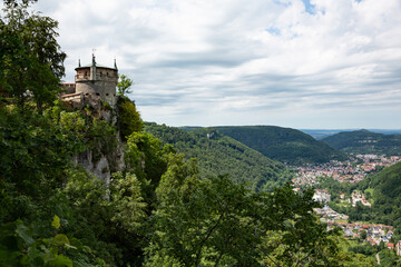 Fototapeta na wymiar Lichtenstein Castle towering above Echaz valley in Germany