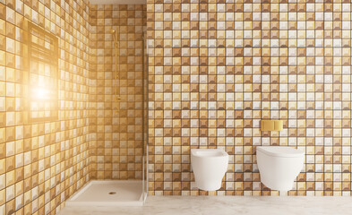 Clean and fresh bathroom with natural light. 3D rendering.. Sunset.