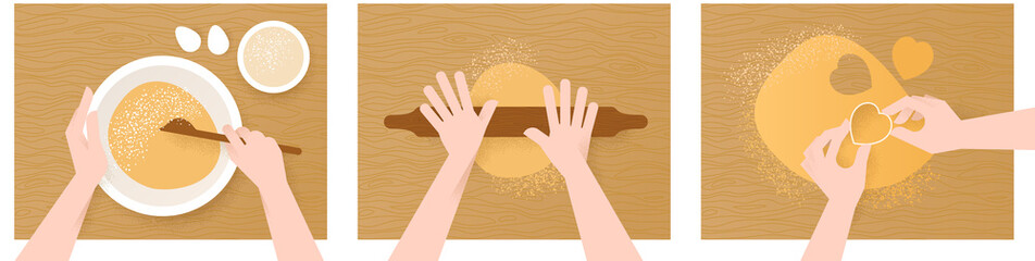 Sweet homemade bakery. Hands of woman making a dough, rolling and cutting cookies on wooden table - flat lay. 