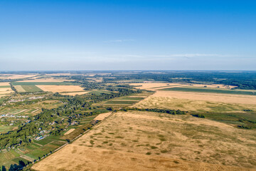 Rural flat landscape. Plowed and sown fields.