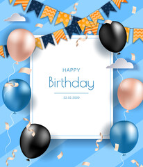 Birthday banner with realistic balloons. Celebration birthday party invitation background with greetings and colorful balloons and birthday elements.
