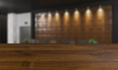 blurred interior on a wooden table background.Reception at the hospital. Appointment to the doctor. Lift. modern design. 3D rendering.