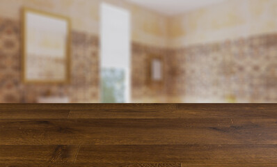 blurred interior on a wooden table background.Spacious bathroom in gray tones with heated floors, freestanding tub. 3D rendering.