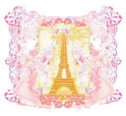 Fototapeta na wymiar Eiffel tower artistic card, decorative floral frame