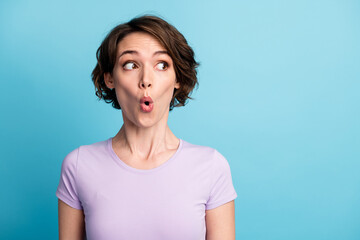 Portrait of astonished girl look copyspace see unexpected gossip rumor impressed open mouth wear...