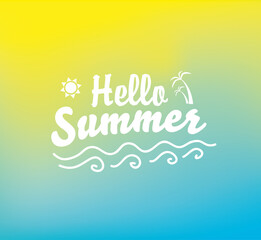Hello summer. Text on a bright blue yellow gradient background with palm trees and waves. - Vector illustration