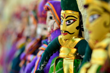 Rajasthani puppets (Kathputli) on display at shop in Mehrangarh Fort in Jodhpur. Kathputli is a...