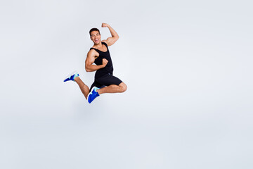 Full length body size view of his he nice attractive muscular sportive cheerful cheery glad guy...