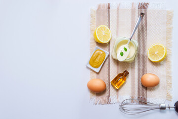 mayonnaise on eg oil lemon mustard. topview. place for text, copy space