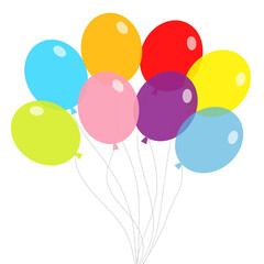 Balloon set. Bunch of balloons. Colorful transparent helium toy on string thread. Flying through the air, sky. Flat design. White background. Isolated.