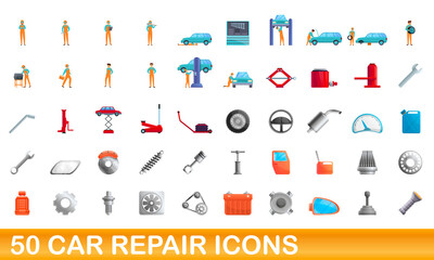 50 car repair icons set. Cartoon illustration of 50 car repair icons vector set isolated on white background