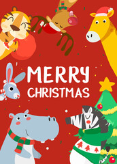 Merry Christmas greeting card. Cute holiday cartoon character vector. Happy new year.