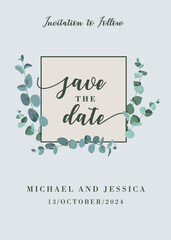 Wedding save you date card with eucalyptus leaves. Rustic style with place for your text