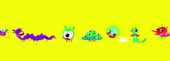 Illustrations of cute, pretty monster characters. Vector. Mascot for companies. Abstract creature. Characters isolated on a yellow background. Baby cartoon pets or mutants. Freaks.