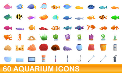 60 aquarium icons set. Cartoon illustration of 60 aquarium icons vector set isolated on white background