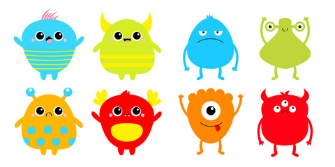 Happy Halloween. Monster set. Cute cartoon kawaii sad character icon. Eyes, horns, hands up, tongue. Funny baby collection. Colorful silhouette. White background. Isolated. Flat design.