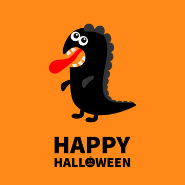 Happy Halloween. Dinosaur monster silhouette. Cute cartoon kawaii sad character icon. Tongue, eyes, hands. Funny baby collection. Black color. Flat design. Orange background.