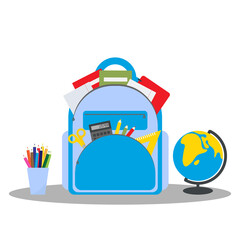 School backpack with all items and stationery, a globe and a glass with pencils. Education and school concept. Back to school. Flat vector illustration.