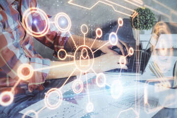 Media network theme hologram with man working on computer on background. Concept of internet communication. Double exposure.