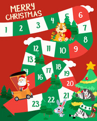 Vector flat style illustration of Merry Christmas with animals board game. For print. Cute Animal Theme.