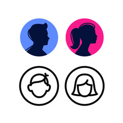 Icons and icons of male and female toilet. Vector. Avatar of man and woman for profile. Dark silhouettes on a colored background. Contour illustrations of a girl and a boy. Flat style.
