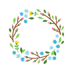 Wreath nature design vector illustration. Floral wreath with flowers, tree branches, leaves isolated on white background