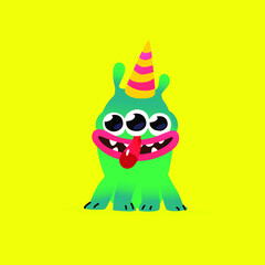 Illustration of a cute, lovely monster character. Vector. Mascot for the company. Abstract creature. Character is isolated on a yellow background. Children's cartoon three-eyed pet or mutant.
