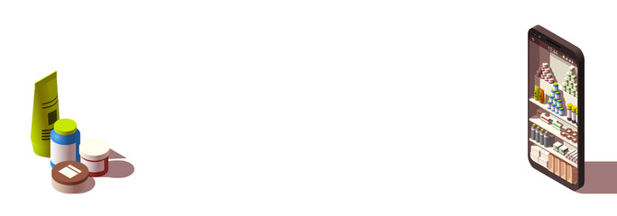 Modern flat banner design Shopping Online isometric on Website or Mobile Application Concept ecommerce. isometry view online store in smartphone isolated on white. business card with shop isometric