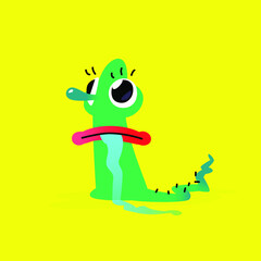 Illustration of a cute, lovely monster character. Vector. Mascot for the company. Abstract creature. Character is isolated on a yellow background. Children's cartoon image, lively drawing of a monster