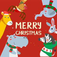 Merry Christmas greeting card with Tiger, rabbit, hippopotamus, giraffe and zebra. Cute holiday cartoon character vector. Happy new year.